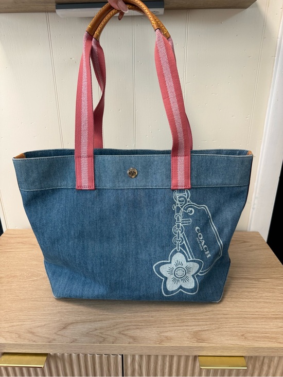 Coach Handbags - Coach Denim Tote Blue Pink Graphic Flower Y2K Shoulder Bag c8292
